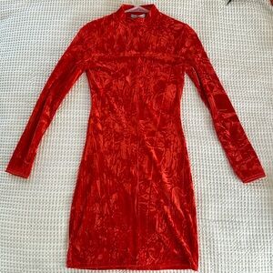 Velvet Red Orange Mock Neck Long Sleeve Body Con Dress